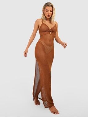 NWT Boohoo Metallic Shiny Tan Sheer Knit Swim Cover Up Dress
